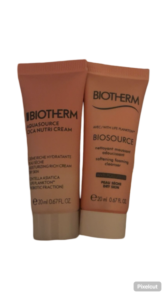 Biotherm Aqua source 20 ml et nettoyant moussant adoucissant 20 ml peau sèche